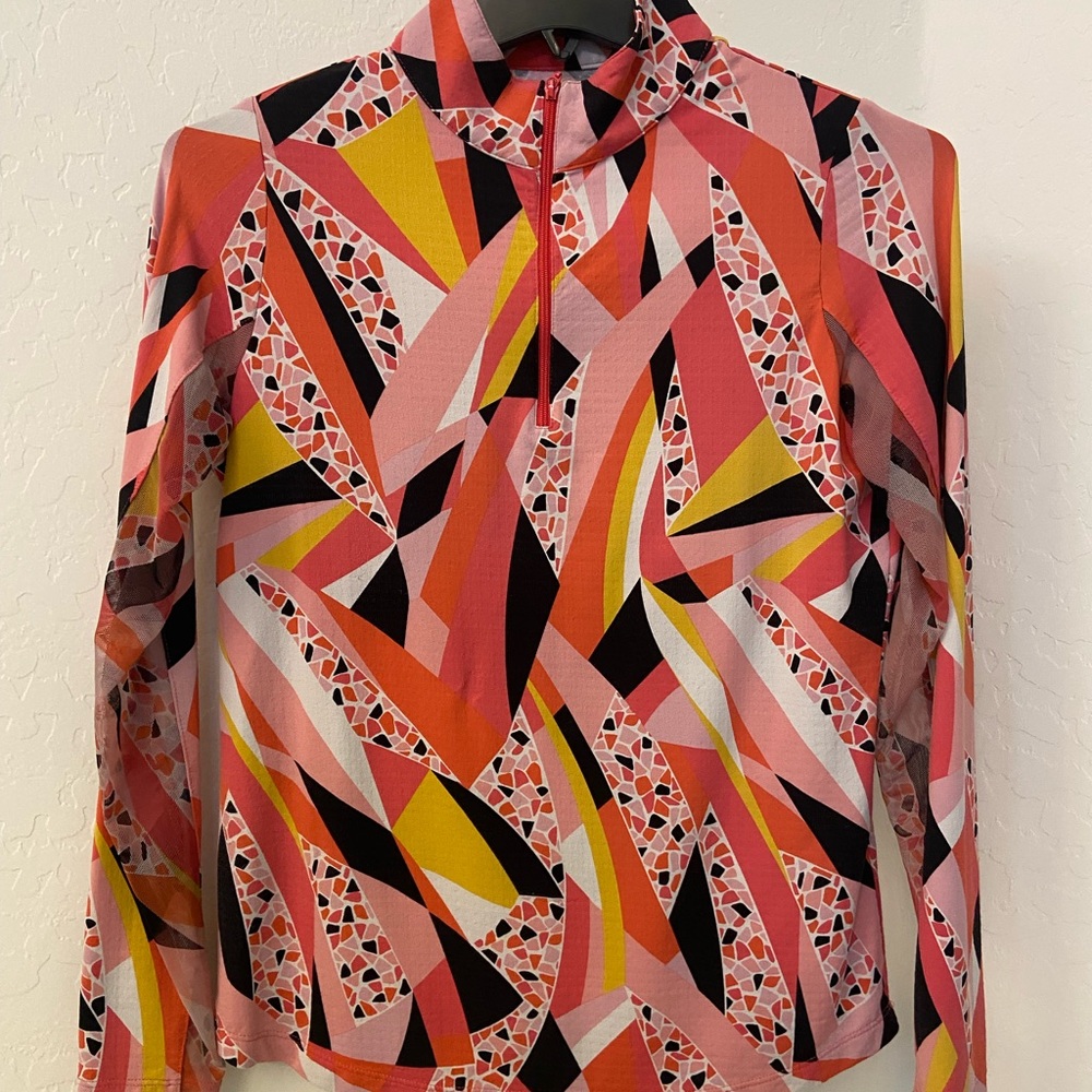 IBKUL Women's Golf Long Sleeve Top - Pink, Yellow, Black Geometric Design